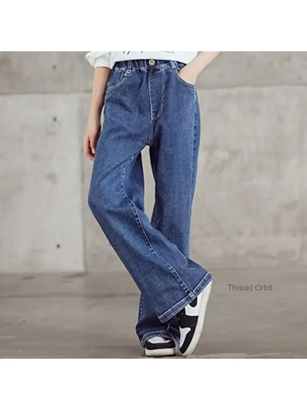 Girls Wide Leg Baggy Jeans with Pockets Elastic Waist Pull On Casual Denim